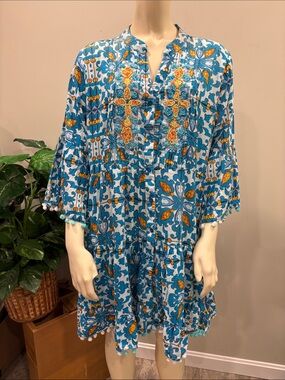 Bottega Positino Blue and Gold Boho Tile-Print Tiered Dress with Beading Detail